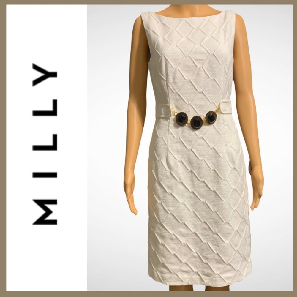 MILLY Textured Cream Sleeveless Sheath Dress with Waist Detail Size 2 NWT